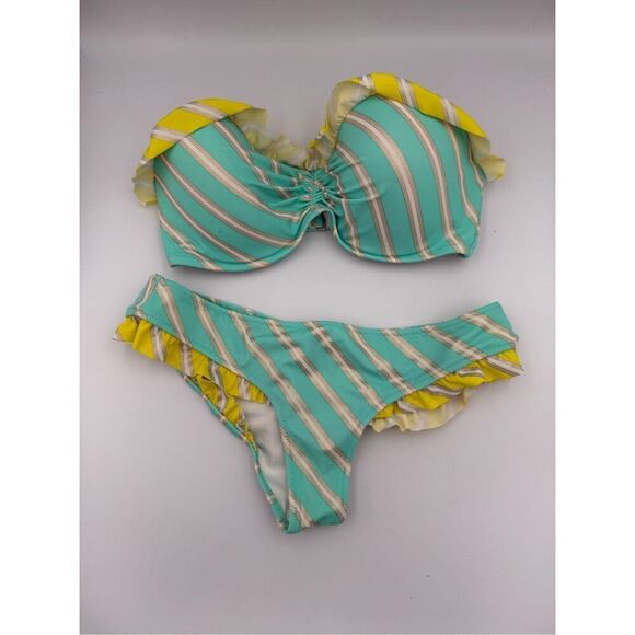 Victoria's Secret Womens Blue Metallic Striped Bandeau Padded Top Bikini Set Siz - Picture 1 of 9